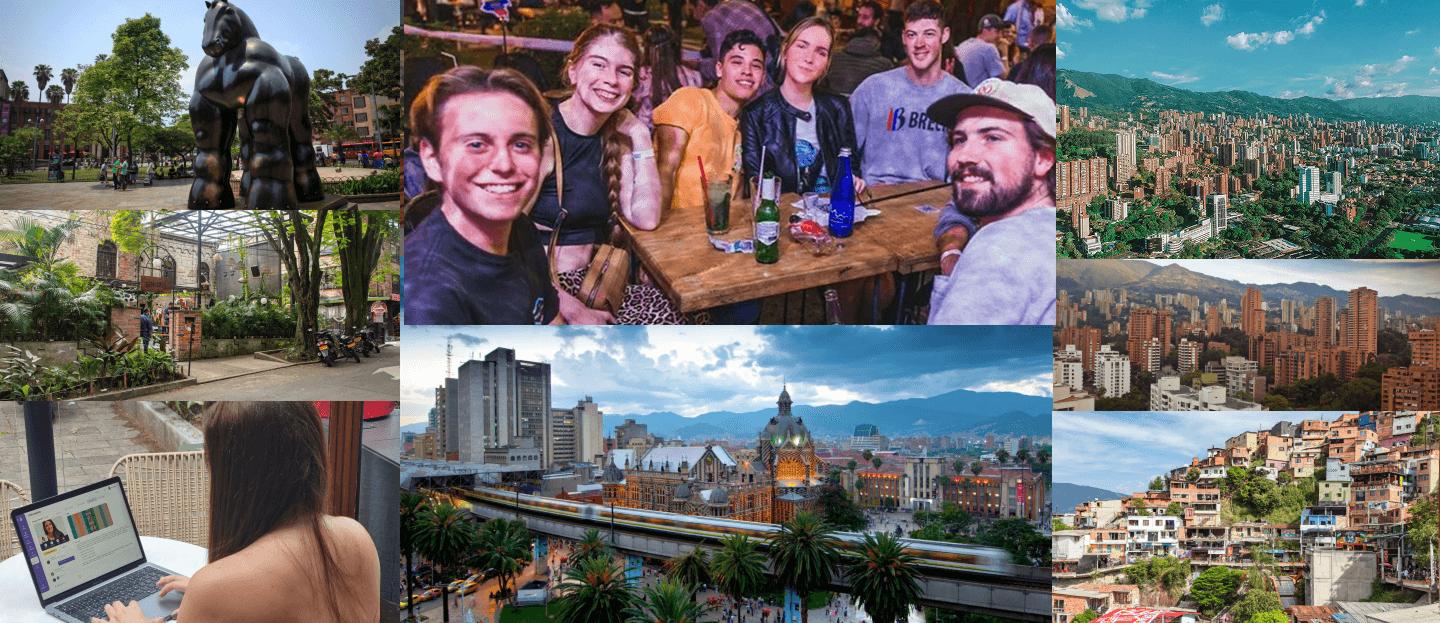 OlaLingo illustration showing teachers in class and part of Medellin Colombia